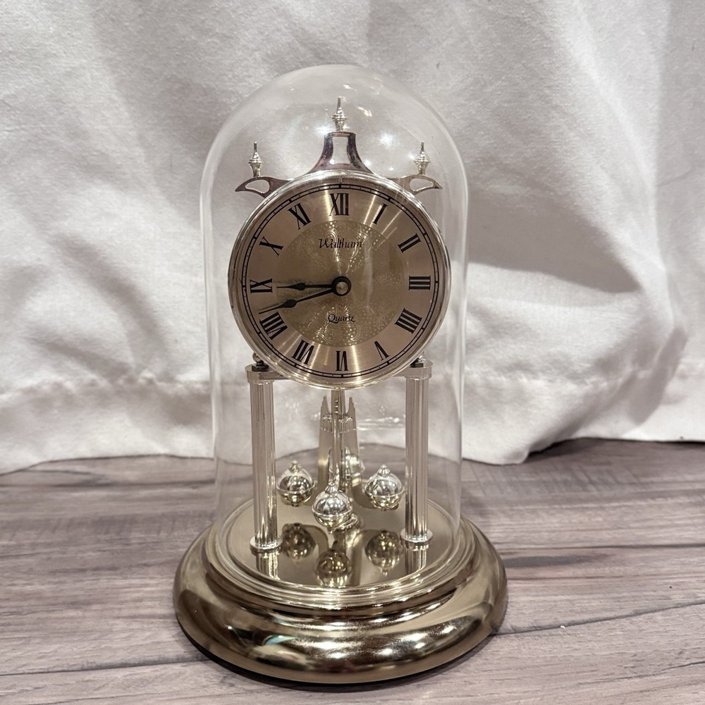 Vintage Waltham German Anniversary Clock Gold Tone Quartz Glass Dome Cover Works